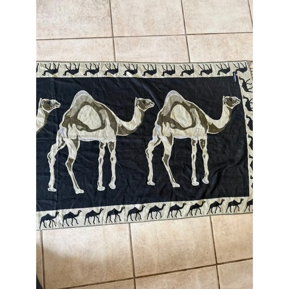 Woven Camel Tapestry Wall Hanging Desert Motif Fringe Textile Black Tan Cashmere
